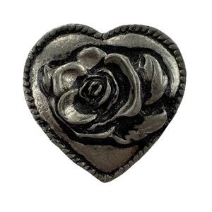 Vintage Heart Rose Brooch Silver Tone Cottagecore Indie Goth Boho Statement Pin